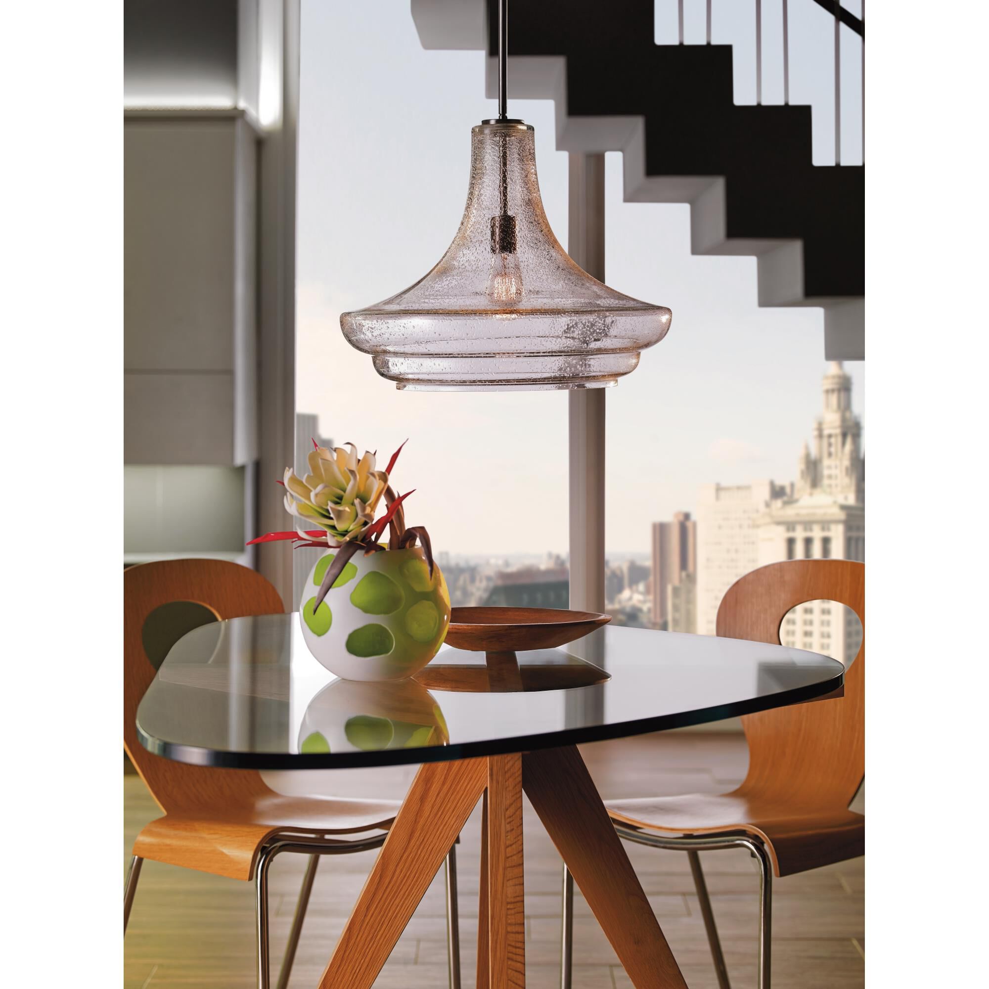 Shown in Brushed Nickel finish and Clear Seeded glass 